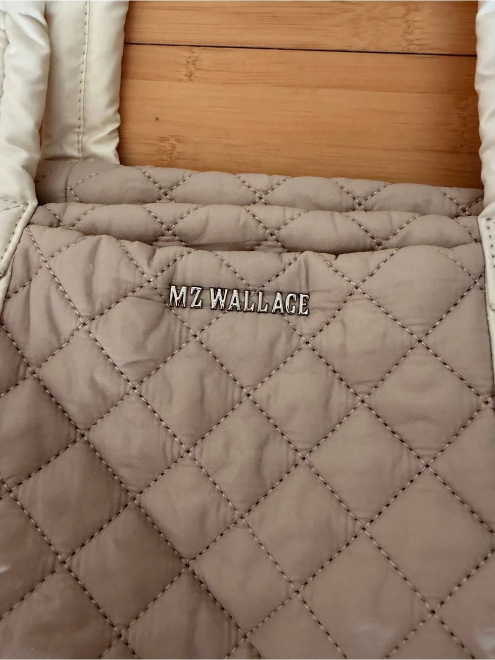 Light Taupe Quilted Tote Bag with Cream Trim
